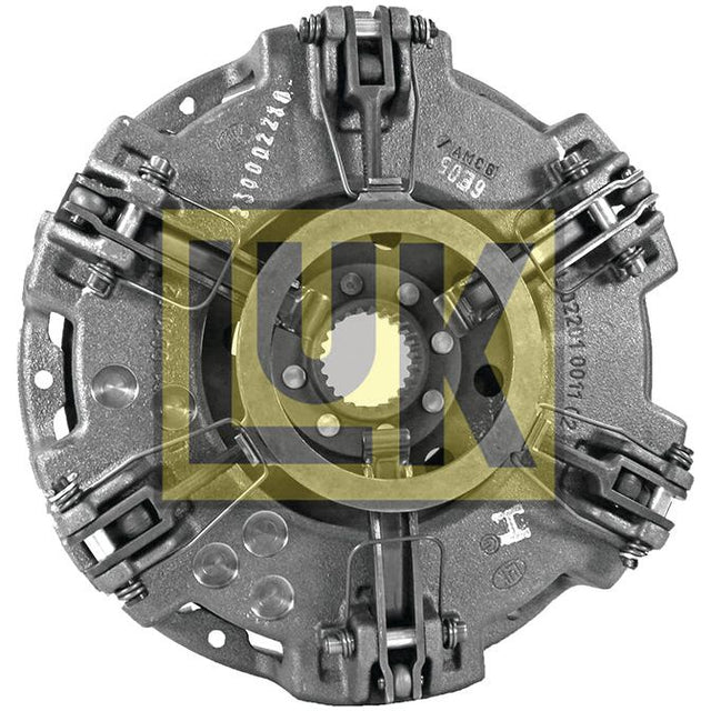 Close-up of a car clutch pressure plate assembly featuring a yellow Sparex logo overlay, complemented by an Organic Captive Disc for enhanced performance. Product Name: Clutch Cover Assembly - S.145429