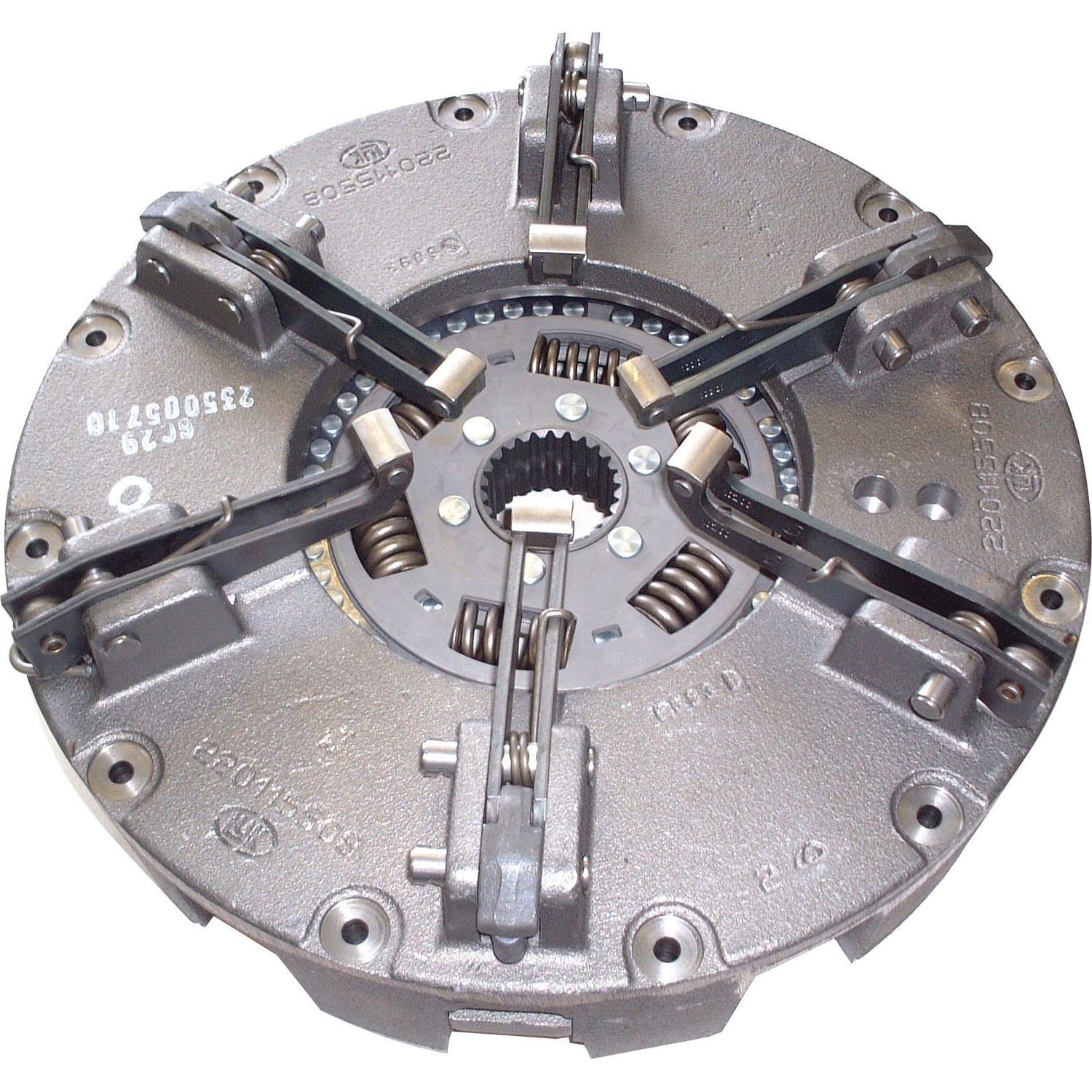 The Clutch Cover Assembly - S.145513 by Sparex is a durable component featuring a cast iron housing, visible springs, and levers, used in vehicles to engage and disengage the transmission from the engine.