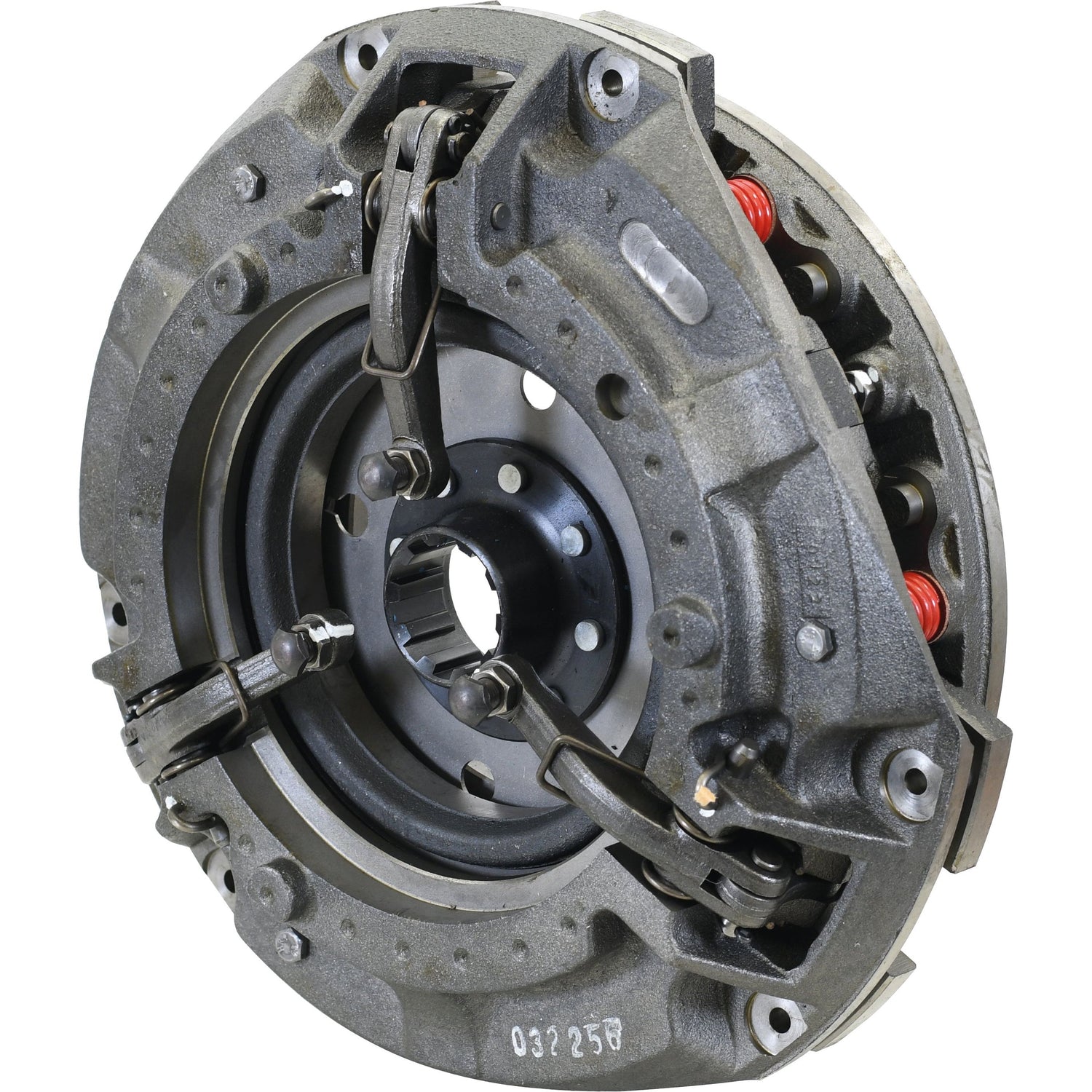 Close-up of the Clutch Cover Assembly - S.40677 by Sparex, showcasing intricate details and various components, including springs and a central hub. The dual cover design incorporates robust cast iron elements for enhanced durability.