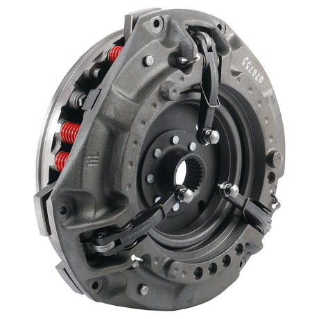 The Clutch Cover Assembly - S.40680 by Sparex is a car clutch pressure plate made of cast iron, featuring visible red springs and mechanical components, used in the transmission system to engage and disengage engine power.