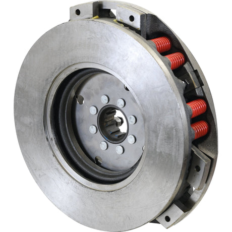 Close-up of the Clutch Cover Assembly - S.40681 by Sparex, showcasing its metallic automotive clutch disc with visible springs and central hub design, enhanced by a dual cover for added durability.