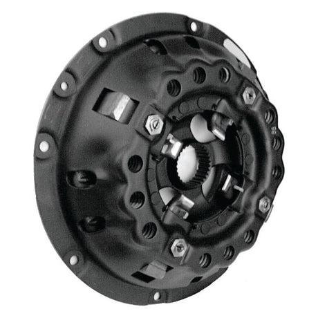 Close-up of the Clutch Cover Assembly - S.60209 from Sparex, showcasing a black pressed steel industrial component with multiple bolts, holes, and a central gear-like structure.