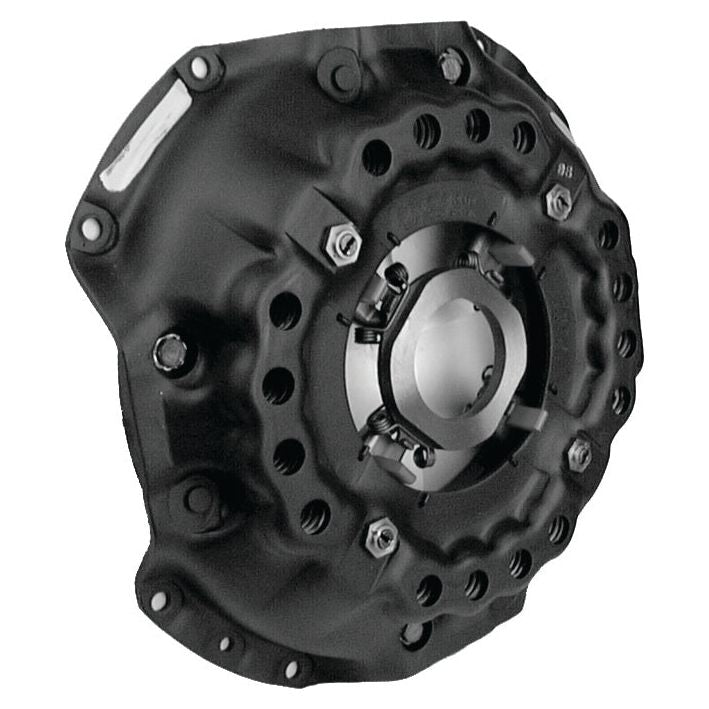 The Clutch Cover Assembly - S.60224 by Sparex is a black, circular mechanical part with multiple holes and bolts around the perimeter; this flat flywheel features a pressed steel housing and eight bolts.