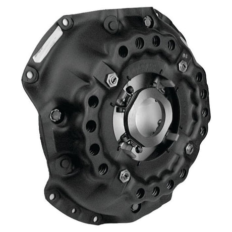 A close-up view of the Clutch Cover Assembly - S.60224 by Sparex, a black, flat mechanical component with a circular design, multiple bolt holes around the edge, and a central opening.