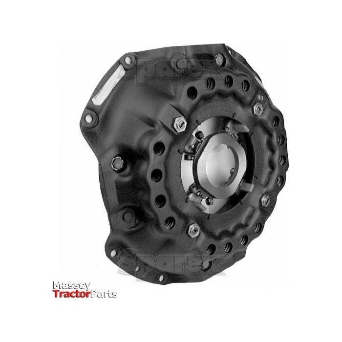 A black mechanical component with a circular central part and eight bolts, displayed on a white background. The lower left corner features the "Massey Tractor Parts" logo. This Clutch Cover Assembly - S.60224 by Sparex is housed in pressed steel for durability and reliability.
