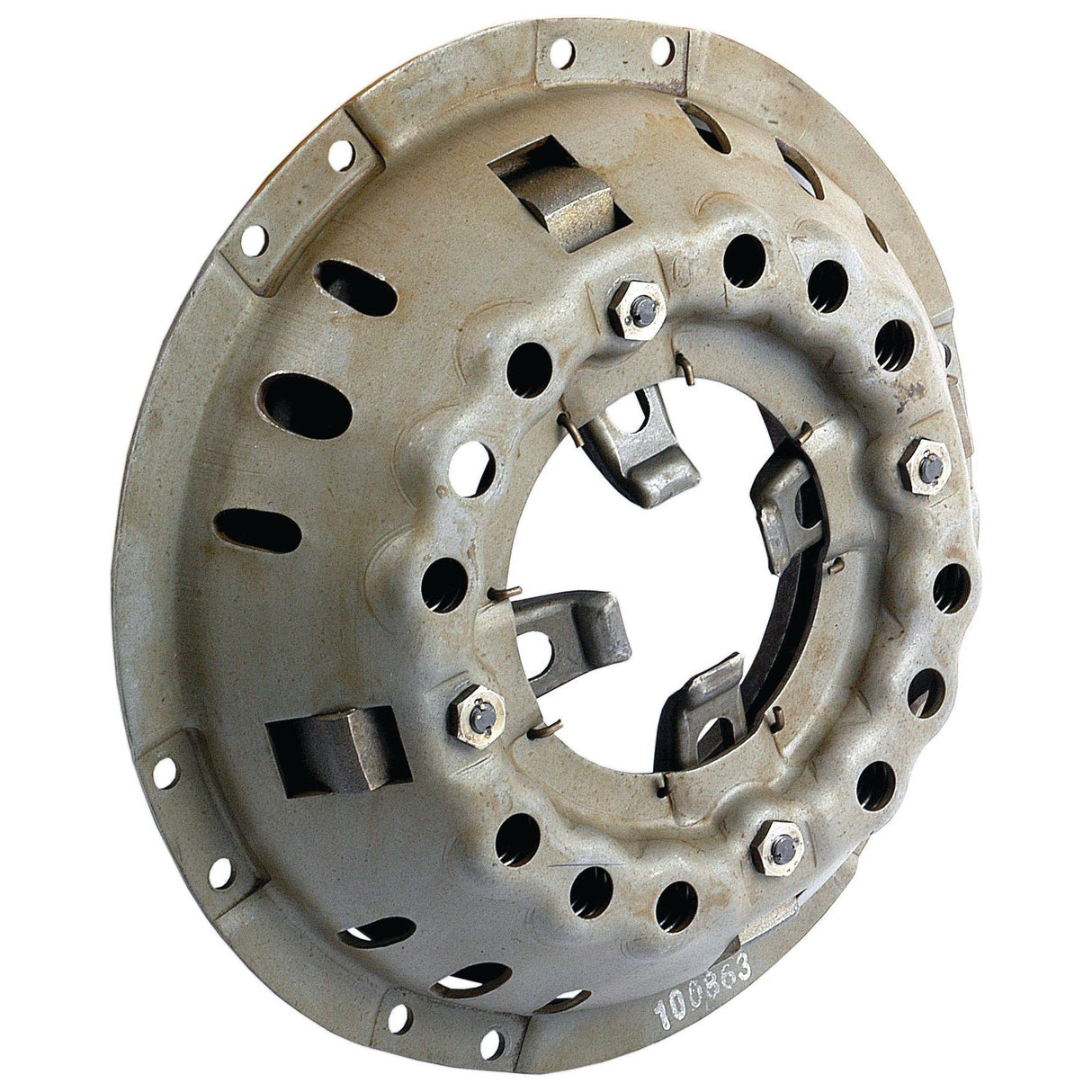 A Sparex Clutch Cover Assembly - S.60967, featuring a metallic automotive clutch pressure plate with several bolt holes and openings, displaying signs of wear and some surface oxidation, designed for a single cover size of 280mm.