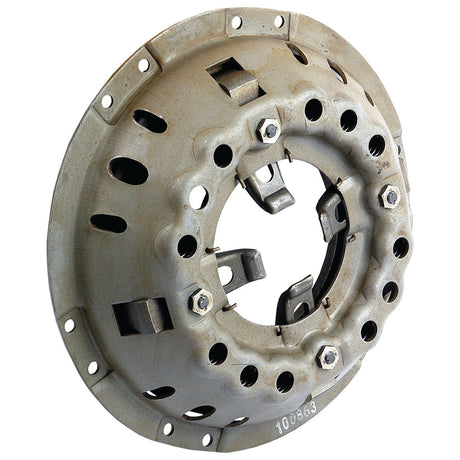 The Sparex Clutch Cover Assembly - S.60967 is a metallic clutch pressure plate with multiple cutouts and bolts, featuring a circular shape and internal mechanical components. The single cover fits a 280mm size, ensuring compatibility with a flat flywheel design.