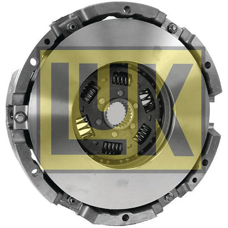 Close-up of a mechanical part with a circular metal component and visible springs, featuring the Sparex logo overlayed in yellow. The dual cover design of the Clutch Cover Assembly - S.61262 enhances its durability.