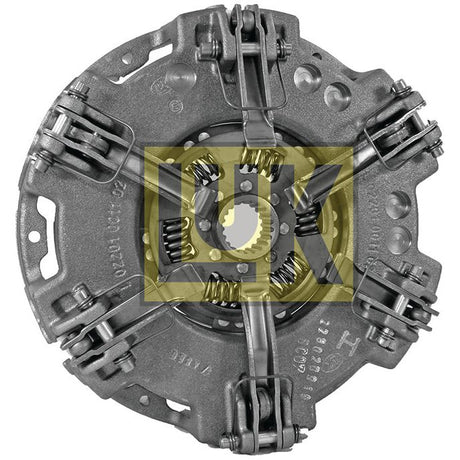 A metallic automotive clutch pressure plate with visible springs and latches. The component, a 255mm Sparex Clutch Cover Assembly - S.69206, is branded with the letters "UK" in yellow.