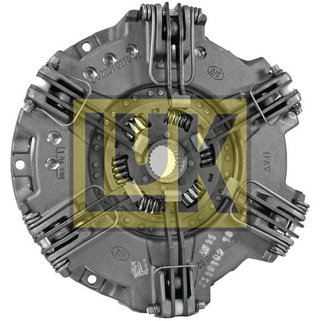 The Sparex Clutch Cover Assembly - S.72582 features a metallic automotive clutch assembly with a cerametallic disc and visible springs and bolts, showcasing intricate mechanical components and design.
