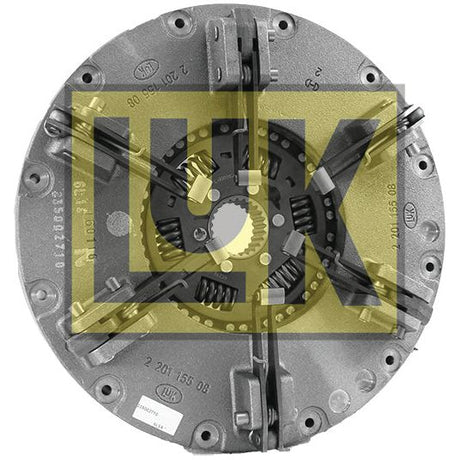 A metal clutch disc assembly from Sparex, labeled as the Clutch Cover Assembly - S.72934, showcases a yellow and black LU*K logo superimposed. The 350mm disc is equipped with gear teeth, multiple spring components, and a cast iron dual cover for enhanced durability.