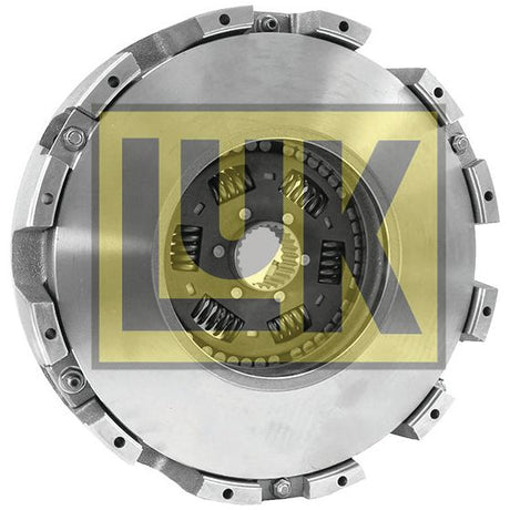 Close-up of a metallic car clutch assembly with visible springs and intricate parts, featuring the Sparex brand logo overlaid in yellow. The 350/350mm cast iron component highlights dual cover detailing for enhanced performance, known as the Clutch Cover Assembly - S.72934.