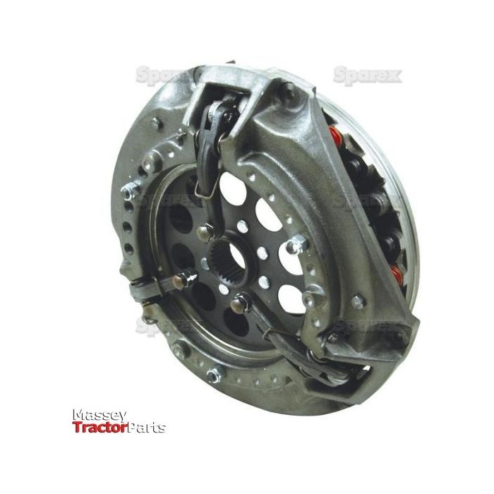 Close-up view of the Clutch Cover Assembly - S.19550 for a tractor, showcasing detailed mechanical components. The Massey Tractor Parts logo is visible in the lower left-hand corner. This single cover assembly, with a cover size of 300mm, meets Sparex quality standards for reliability and performance.