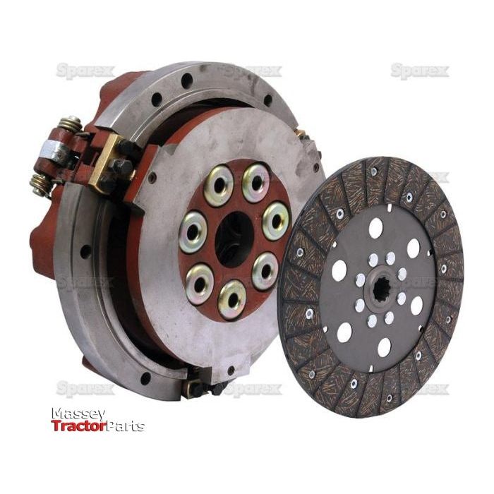 Close-up of Sparex branded Clutch Cover Assembly - S.66750, featuring a 255mm dual cover clutch assembly and disc on a white background, showcasing the detailed components and structure.