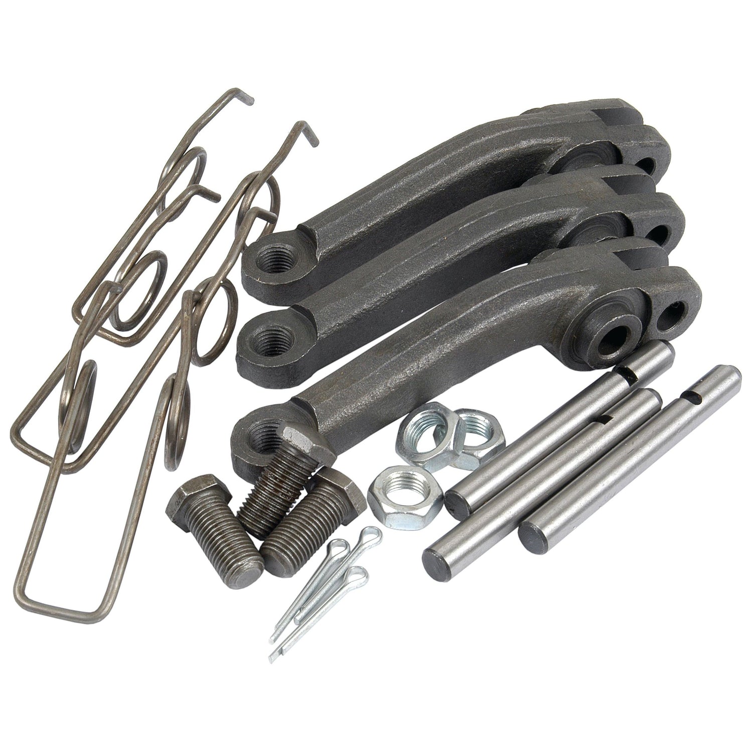 A set of metal automotive parts, featuring rocker arms, rods, bolts, nuts, and wire clips from the Sparex Clutch Finger (Sparex Part No. S.40688) for a Landini or Massey Ferguson tractor clutch lever kit, arranged on a white background.