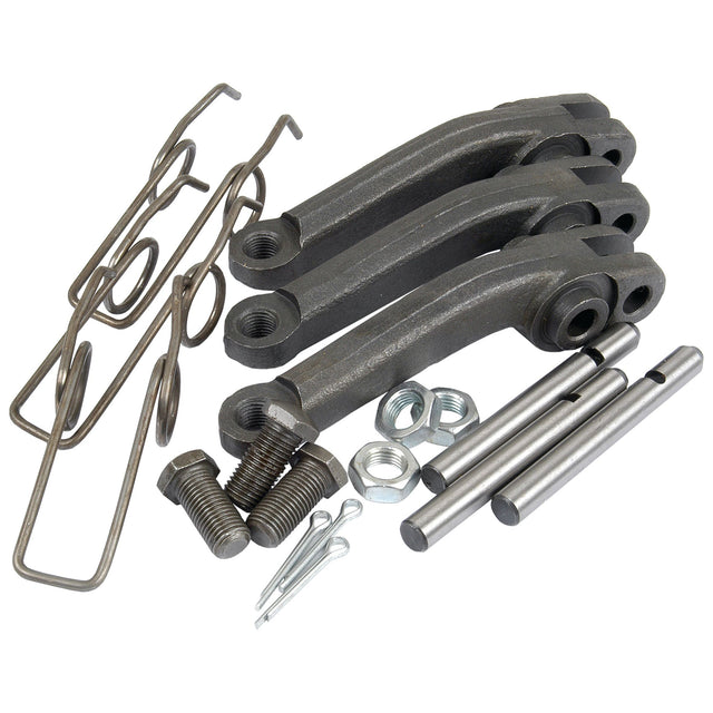 A set of metal automotive parts, featuring rocker arms, rods, bolts, nuts, and wire clips from the Sparex Clutch Finger (Sparex Part No. S.40688) for a Landini or Massey Ferguson tractor clutch lever kit, arranged on a white background.