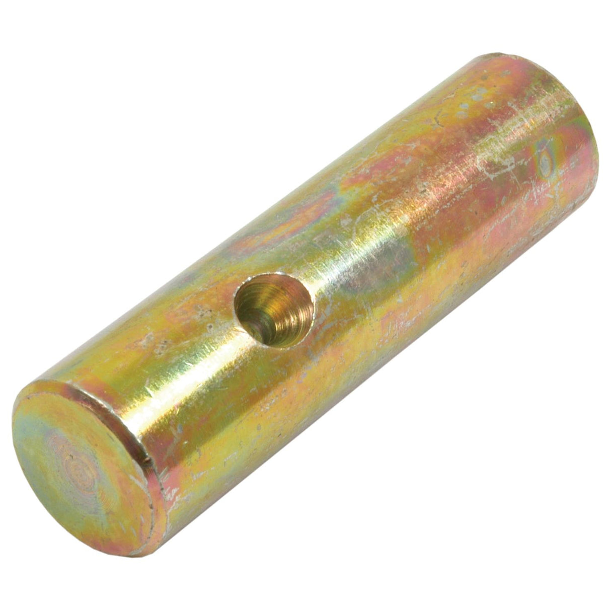 An image of the Sparex Clutch Fork Shaft (Short), part number S.41857, designed for use in Massey Ferguson or Landini machinery. The cylindrical metal shaft features a central threaded hole and has a slightly textured surface with a yellowish finish that reveals hints of green and red.