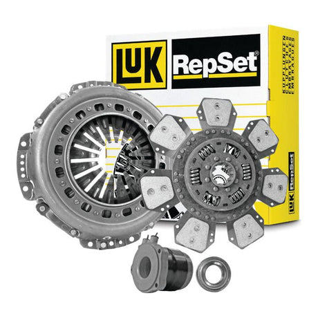 Image of a Sparex S.127072 Clutch Kit with Bearings and its packaging. The kit includes a pressure plate, clutch disc, release bearing, alignment tool, and a flywheel bearing. The background features the branded yellow and black Sparex box.