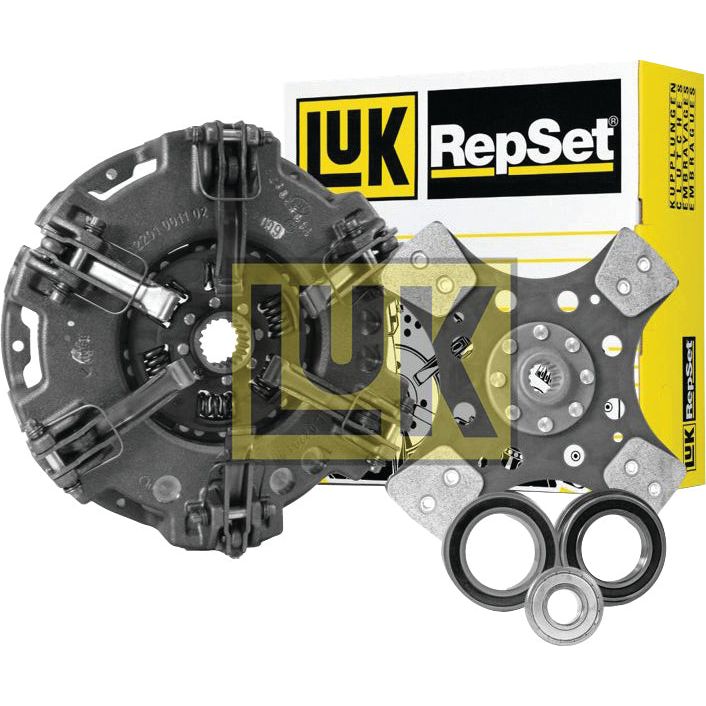 Image of a Sparex Clutch Kit with Bearings - S.127089 showing distinct parts such as the clutch disc, pressure plate, and bearings. The packaging box with the Sparex logo is visible in the background, highlighting the cerametallic components designed for enhanced durability.
