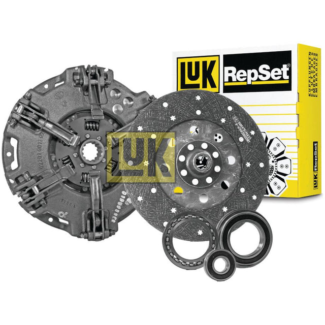 Displayed is a Clutch Kit with Bearings - S.127098 by Sparex, featuring a clutch disc, pressure plate, flywheel bearing, release bearings, and a branded yellow box in the background.