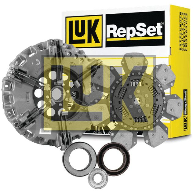 Image of a Sparex Clutch Kit with Bearings - S.127142, showcasing a cerametallic disc, pressure plate, release bearing, and pilot bearing, all displayed in front of a branded yellow and black box.