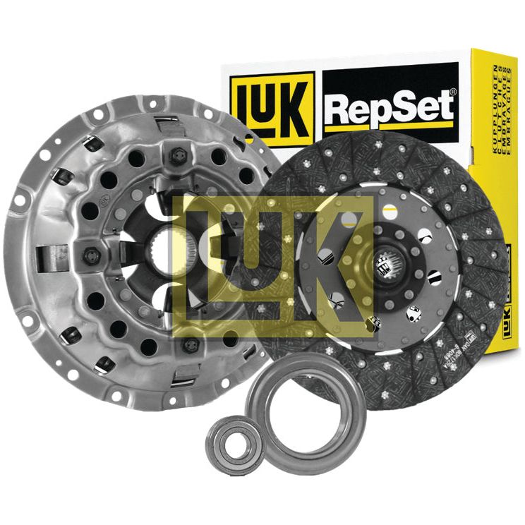 Image of a Sparex Clutch Kit with Bearings (Sparex Part No. S.131179), which includes a pressure plate, clutch disc made from durable organic materials, release bearing, and alignment tool, with the product's packaging shown in the background.