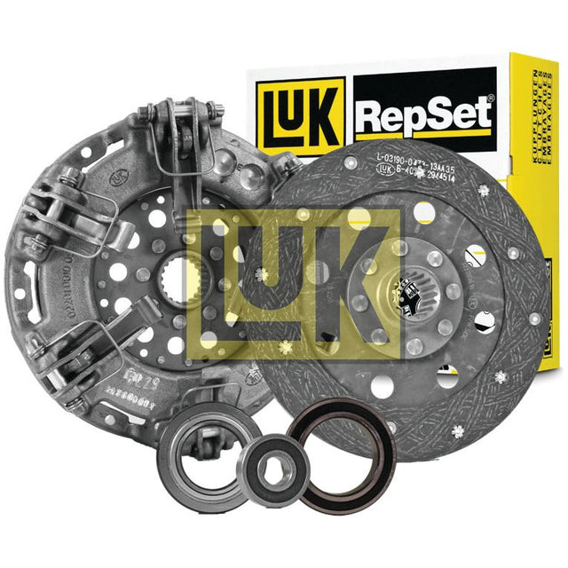 The Sparex Clutch Kit with Bearings - S.146467, set against a branded box backdrop, includes a high-quality cast iron clutch pressure plate, an organic disc for smooth engagement, a release bearing, and a pilot bearing.