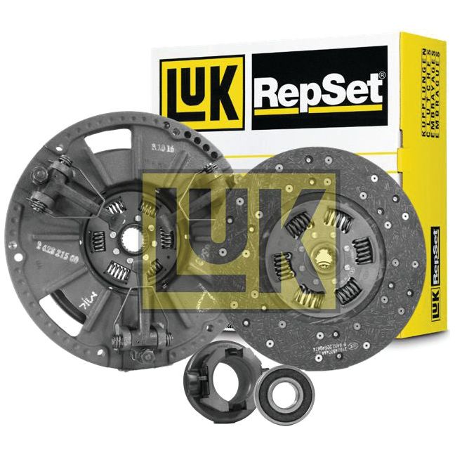 Close-up image of a Sparex Clutch Kit with Bearings - S.146575 featuring an organic captive disc, pressure plate, friction disc, and release bearings, with the kit's packaging box in the background.