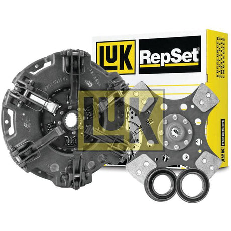A Sparex Clutch Kit with Bearings - S.146620, featuring a Cerametallic material clutch disc, pressure plate, release bearings, and an instruction manual, displayed in front of its branded packaging.