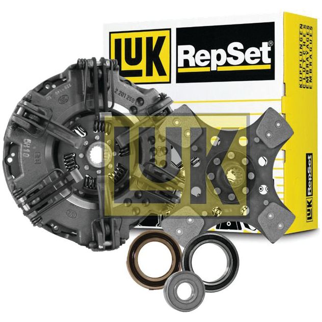 A Clutch Kit with Bearings - S.146634 by Sparex, featuring cerametallic components such as a clutch disc, pressure plate, and bearings, positioned in front of its packaging box.