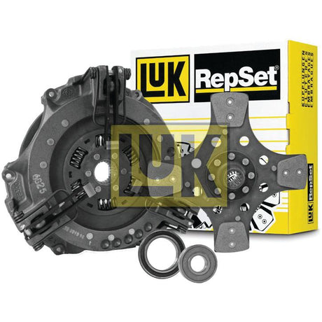 The Sparex Clutch Kit with Bearings - S.146638, featuring a pressure plate, single cover clutch disc, and release bearings, is displayed in front of a branded yellow-and-white box.