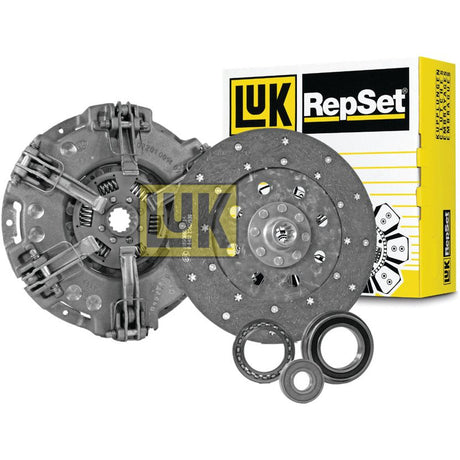 A Sparex Clutch Kit with Bearings - S.146684, featuring several metal components, a cast iron housing, an organic disc, and bearings displayed next to a yellow Luk RepSet branded box.