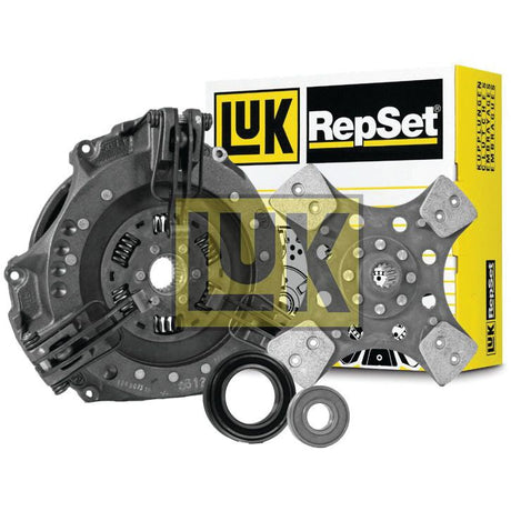 The components of the Sparex Clutch Kit with Bearings - S.146689, including a cerametallic friction disk, single cover clutch pressure plate, release bearing, and alignment tool, are displayed alongside the packaging box.