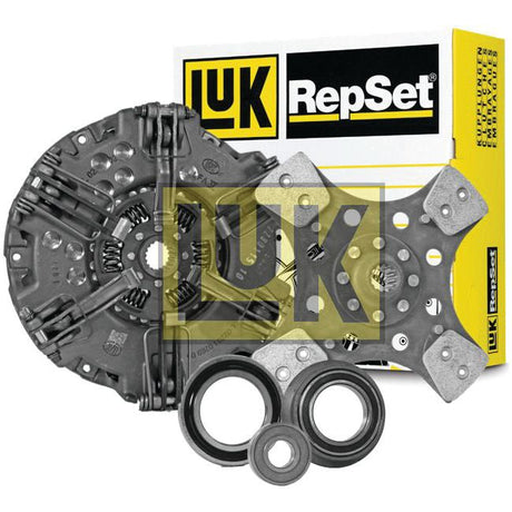 A Sparex Clutch Kit with Bearings - S.146690 featuring a dual cover, clutch disc, pressure plate, release bearing, and assembly components against the product packaging.