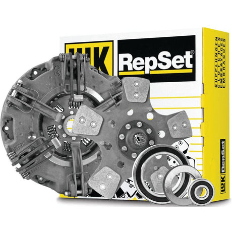 Image of a Sparex Clutch Kit with Bearings - S.146697, featuring a dual cover, various clutch components, and a yellow and black box marked "RepSet" in the background.