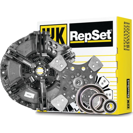 A Sparex Clutch Kit with Bearings - S.146719 is displayed in front of its packaging, featuring a Cerametallic clutch plate, release bearing, and various hardware components.