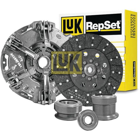 Displayed against a white background is the Sparex Clutch Kit with Bearings - S.146744, showcasing various clutch components such as a cerametallic clutch disc, pressure plate, and release bearings, accompanied by yellow and black branded packaging.