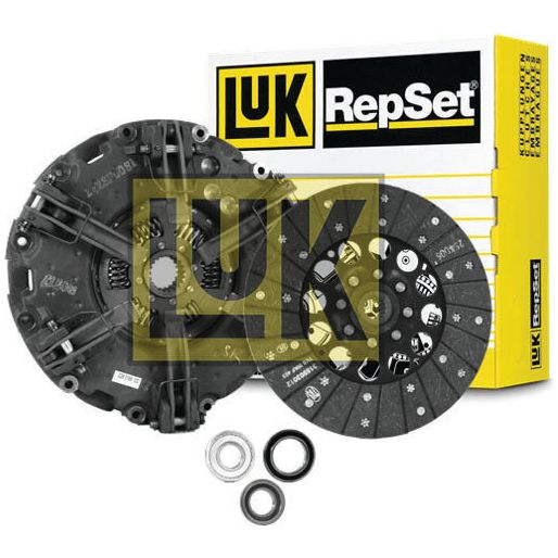 Image of a Sparex Clutch Kit with Bearings - S.146746, including a clutch disc, pressure plate, and bearings featuring a durable cast iron housing, displayed in front of the product packaging box.