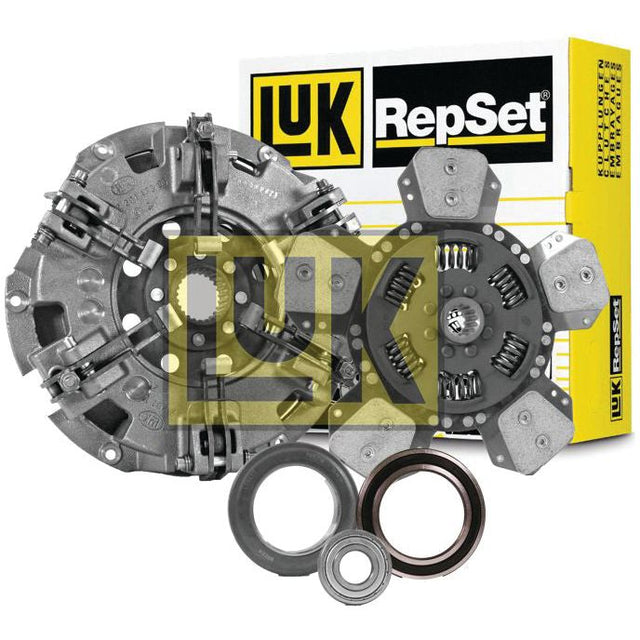 Sparex Clutch Kit with Bearings (S.146775) includes two metal clutch components and two seals, displayed on a white background with an Organic Captive Disc. The image also features the yellow and black LUK RepSet packaging in the background.