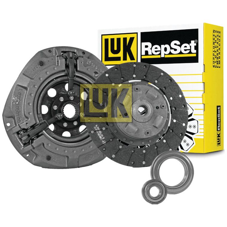 Image of a Sparex Clutch Kit with Bearings - S.146839, showcasing the pressure plate, organic material clutch disc, release bearing, and pilot bearing with packaging visible in the background.