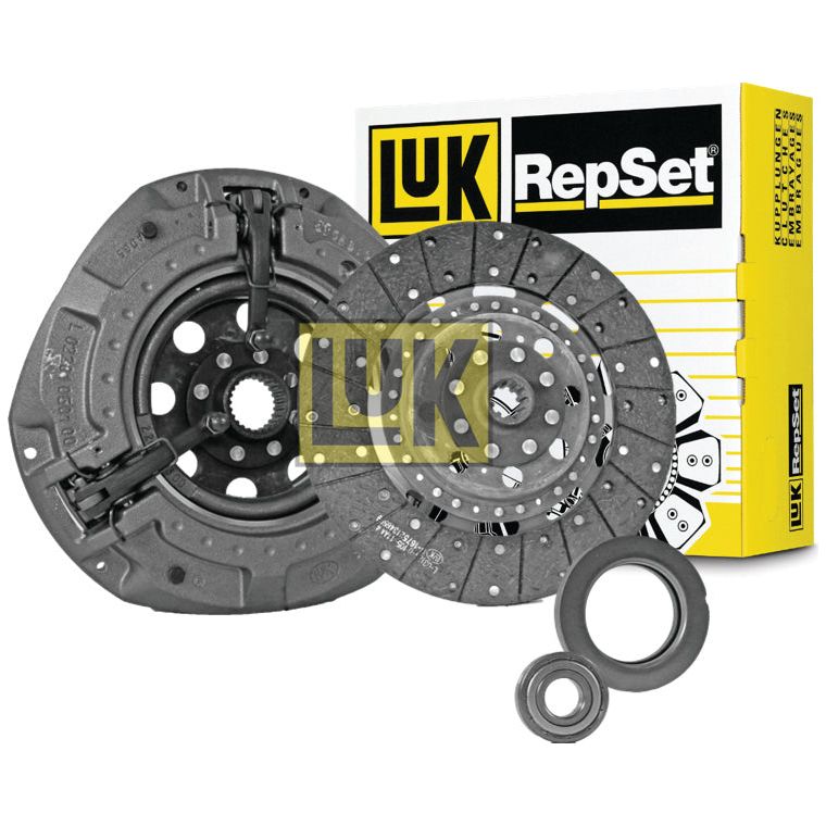 The packaging of the Sparex Clutch Kit with Bearings - S.146880 showcasing an organic captive disc, pressure plate, and release bearing components in front of the box.
