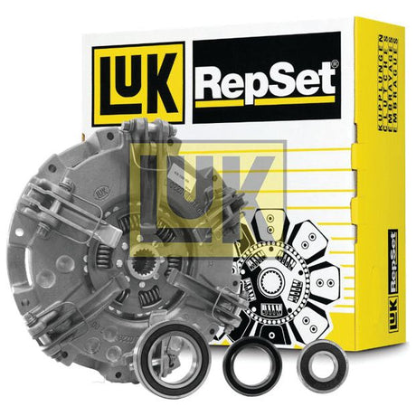 The Sparex Clutch Kit with Bearings - S.156737, featuring a pressure plate, clutch disc, and release bearings, positioned in front of a branded yellow and white box. Ideal for various cover types.