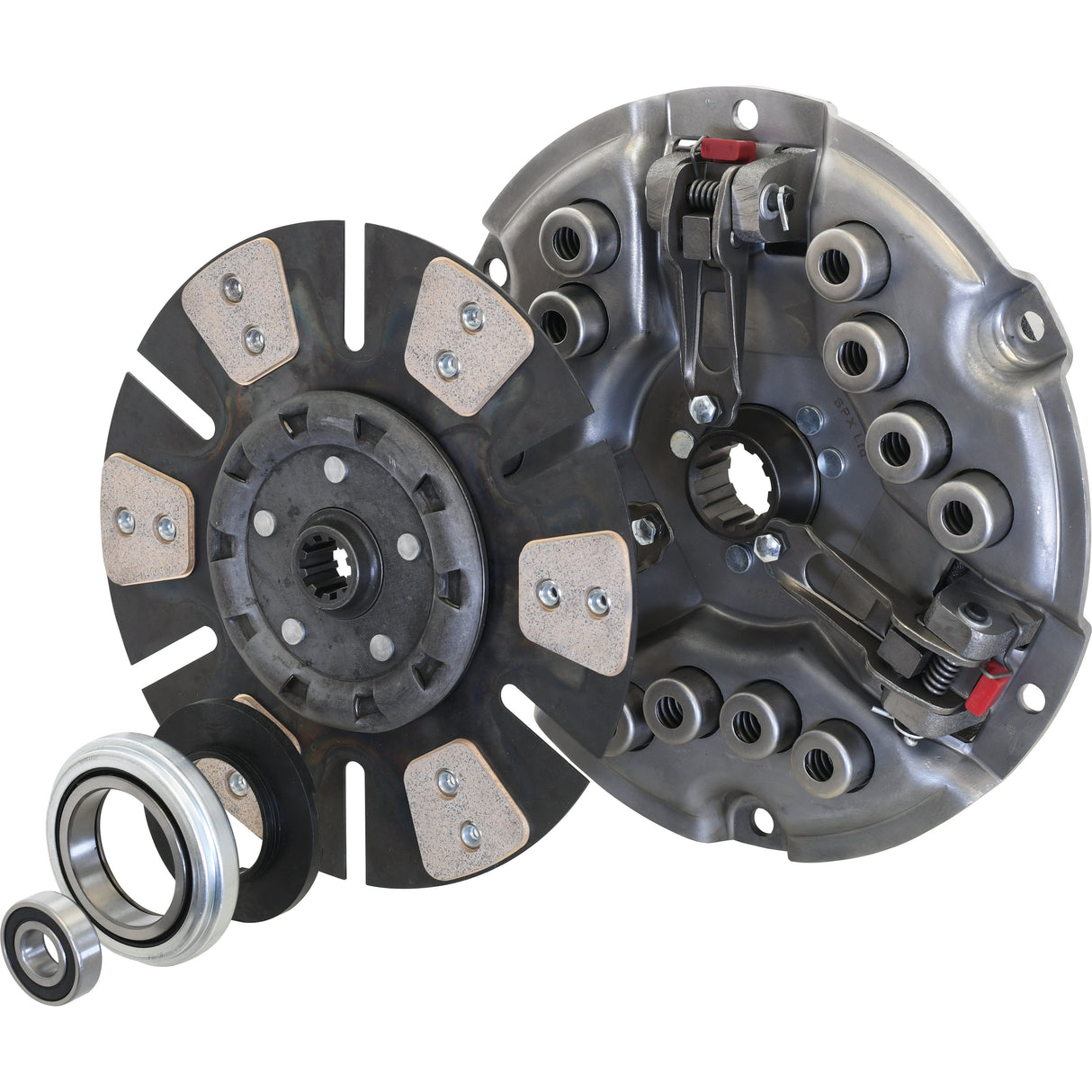 A disassembled car clutch kit, including the Sparex Clutch Kit with Bearings - S.72795, featuring a pressure plate, clutch disc, transmission bearing, and release bearing, is neatly arranged on a white background.