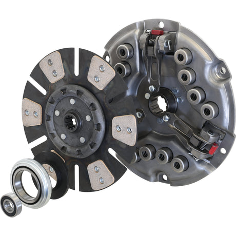 A Sparex Clutch Kit with Bearings - S.72795, featuring a Cerametallic Captive Disc, pressure plate, and transmission bearing, arranged on a white background.