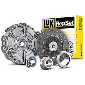 Displayed next to a yellow and white box labeled "LUK RepSet" is a Sparex clutch kit, named Clutch Kit without Bearings - S.146544, which includes various components such as a cerametallic clutch disc, pressure plate, release bearing, and alignment tool.