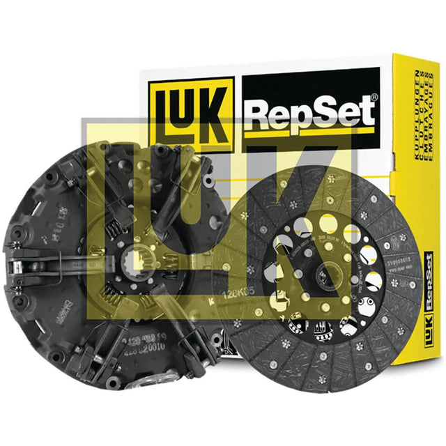 Description: Image of a Sparex Clutch Kit without Bearings - S.146627 featuring the clutch plate and pressure plate with a cast iron housing, displayed in front of the product packaging box. The Sparex logo and branding are prominently showcased.