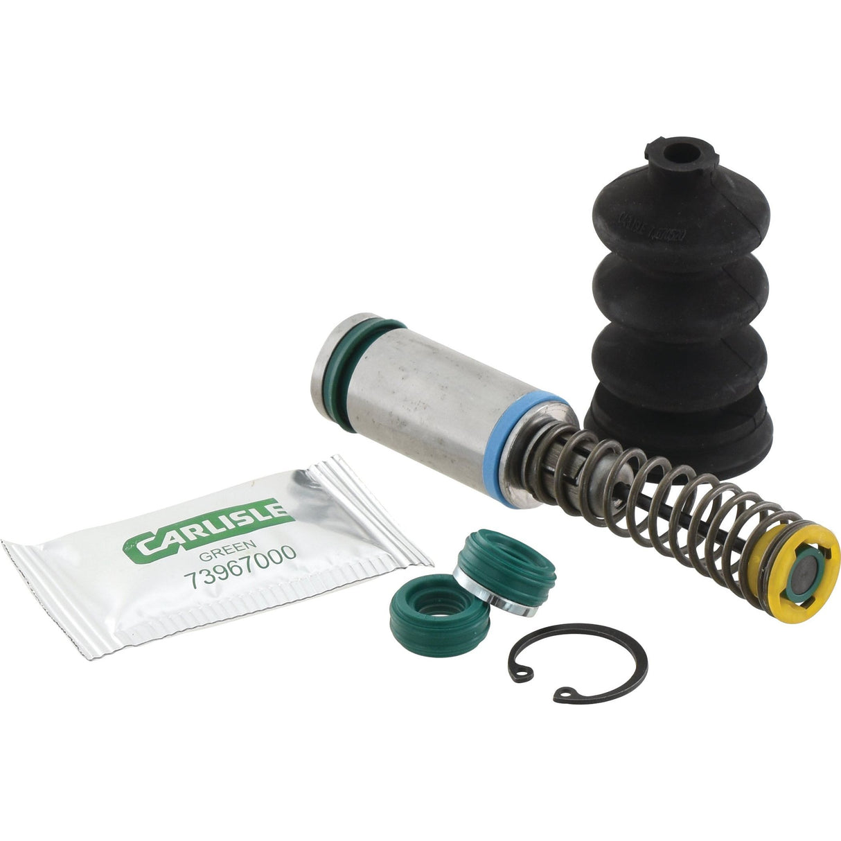 The Clutch Master Cylinder Repair Kit by Sparex (Part No. S.72696) includes mechanical parts such as a cylindrical metal object with a spring, a rubber boot, green seals, a packet labeled "Carlisle," and a small circular ring—ideal for clutch master cylinder repairs.