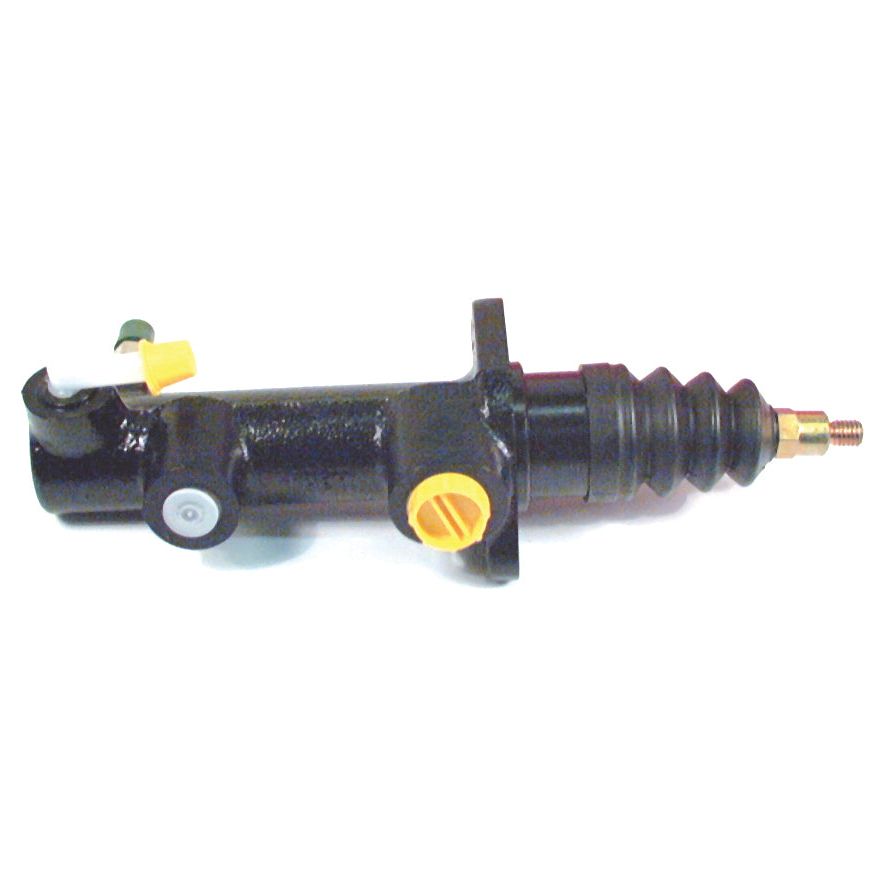 The Sparex Clutch Master Cylinder (Sparex Part No. S.37671) is a black hydraulic unit specifically designed for automotive use, featuring multiple fittings, a rubber boot, and a yellow cap. Compatible with Deutz-Fahr AGROTRON models, this product ensures reliable performance for your vehicle's clutch system.