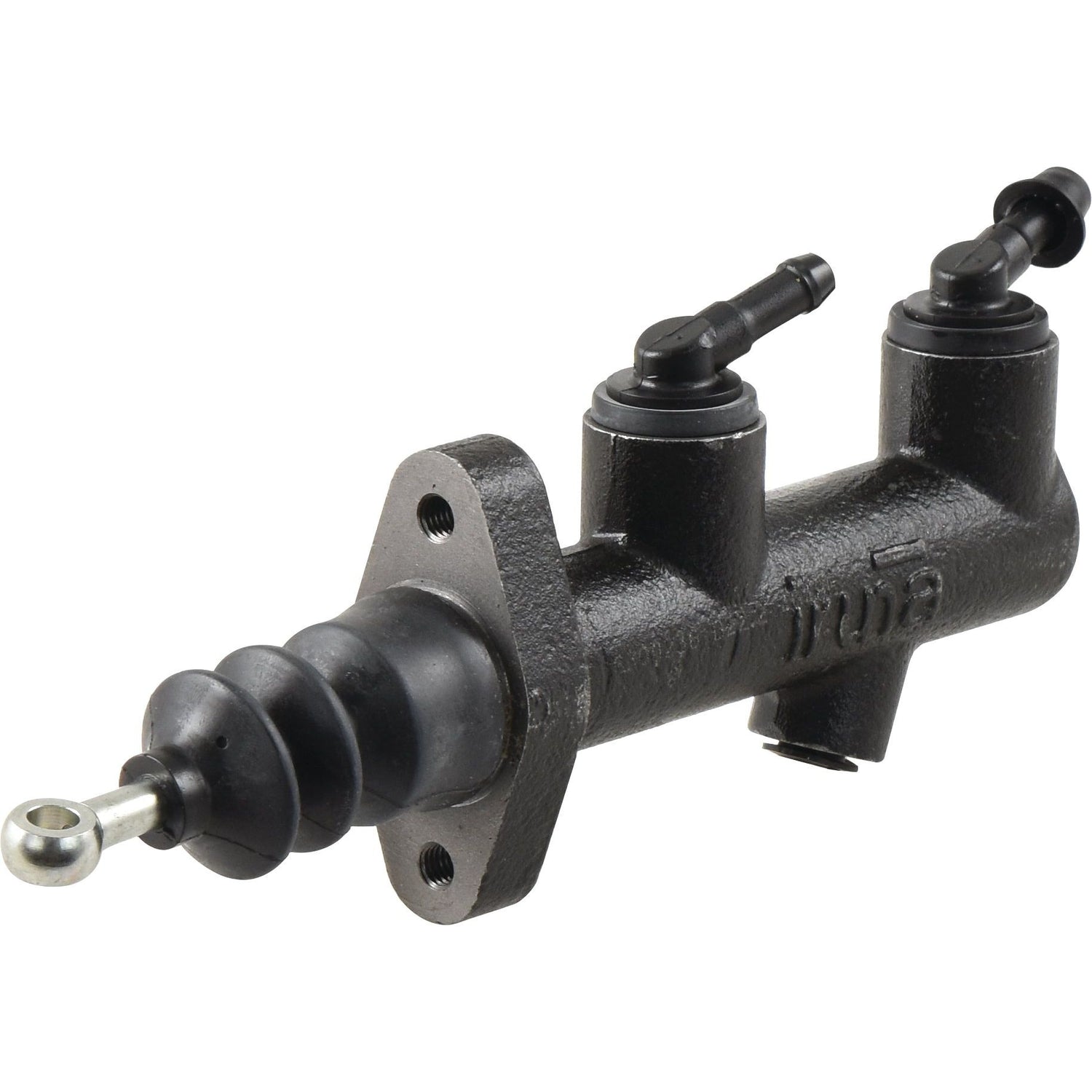 Image of the Sparex Clutch Master Cylinder (Sparex Part No. S.66346) featuring a black body, metal rod, and two attachment points on top, specifically designed for use with mineral oil.