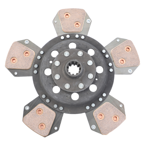 A close-up of the AGCO Massey Ferguson Clutch Plate 12 H/D (887890M93) showcasing its six-paddle design with copper friction pads, metal center, and multiple rivets, engineered for heavy-duty use in the Massey Ferguson 100 Series.